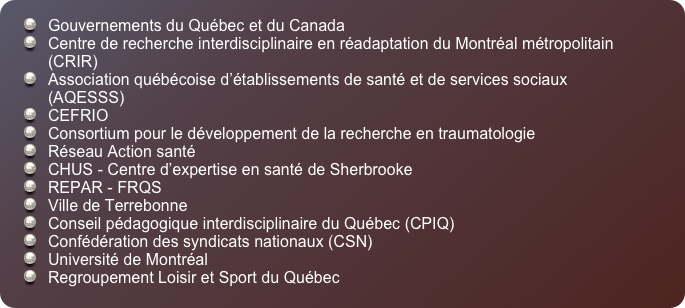 Gouvernements du Québec et du Canada&#10;Centre de recherche interdisciplinaire en réadaptation du Montréal métropolitain   (CRIR) &#10;Association québécoise d’établissements de santé et de services sociaux (AQESSS)&#10;CEFRIO&#10;Consortium pour le développement de la recherche en traumatologie&#10;Réseau Action santé&#10;CHUS - Centre d’expertise en santé de Sherbrooke&#10;REPAR - FRQS&#10;Ville de Terrebonne&#10;Conseil pédagogique interdisciplinaire du Québec (CPIQ)&#10;Confédération des syndicats nationaux (CSN) &#10;Université de Montréal&#10;Regroupement Loisir et Sport du Québec&#10;
