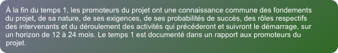À la fin du temps 1, les promoteurs du projet ont une connaissance commune des fondements du projet, de sa nature, de ses exigences, de ses probabilités de succès, des rôles respectifs des intervenants et du déroulement des activités qui précéderont et suivront le démarrage, sur un horizon de 12 à 24 mois. Le temps 1 est documenté dans un rapport aux promoteurs du projet.
